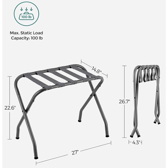 Luggage Rack Stand Suitcase Rack Folding Metal Gray Nylon Belt Rubber Feet - Picture 4 of 7